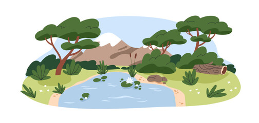 Landscape with trees, water pond, grass, mountains. Summer nature scenery with lake, flower, shrub. Wild environment with plants, mounts. Flat vector illustration isolated on white background © Good Studio