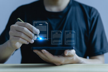 Businessman managing electronic documents on a smartphone.	
