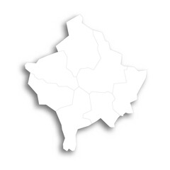 Kosovo political map of administrative divisions - districts. Flat white blank map with thin black outline and dropped shadow.