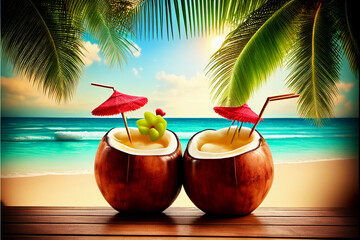 Obraz premium Two cocktails in coconuts on a tropical beach. AI generated.