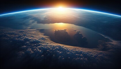 The curvature of planet Earth. Aerial view of the blue planet from space. Sunrise over global land and ocean. Generative AI - obrazy, fototapety, plakaty