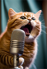 The cat screams loudly into the microphone. AI generated