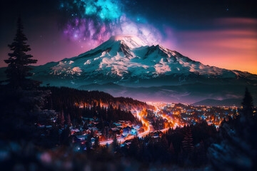 Panoramic view of moutain at night, bright city which is close to a lake - generative ai