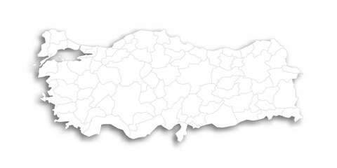 Turkey political map of administrative divisions - provinces. Flat white blank map with thin black outline and dropped shadow.
