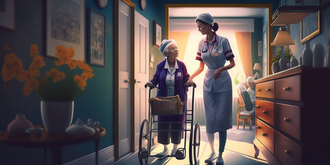 Fototapeta na wymiar Elderly care concept. A young female nurse, helping a healthy senior woman with her healthcare needs. Providing care and support with compassionate and dedicated healthcare professional. generative ai
