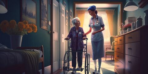 Elderly care concept. A young female nurse, helping a healthy senior woman with her healthcare needs. Providing care and support with compassionate and dedicated healthcare professional. generative ai