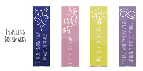 Set of 6 bookmarks with doodle elements and inspiring quotes. White line illustration. Minimalistic bookmark templates for reading. Isolated on white background.	 - obrazy, fototapety, plakaty