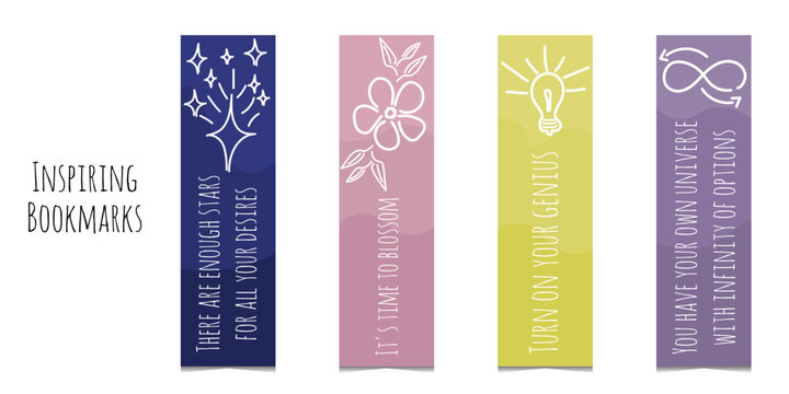 Set of 6 bookmarks with doodle elements and inspiring quotes. White line illustration. Minimalistic bookmark templates for reading. Isolated on white background.	