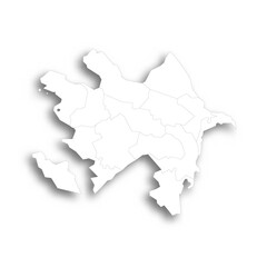 Azerbaijan political map of administrative divisions - districts, cities and autonomous republic of Nakhchivan. Flat white blank map with thin black outline and dropped shadow.