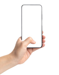 Fototapeta na wymiar Hand holding smartphone with blank screen,mockup with copy space for advertising online