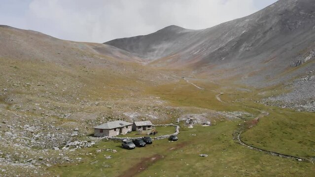 Drone Video Mountain hut Shelter Christakis Olympus Greece Peak Skolio back Distance