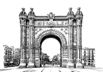 Arc de Triomf, a triumphal arch in the city of Barcelona in Catalonia, Spain, ink sketch illustration. - obrazy, fototapety, plakaty