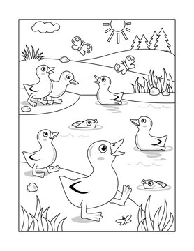 Spring or summer joy themed coloring page with ducklings at the pond.
