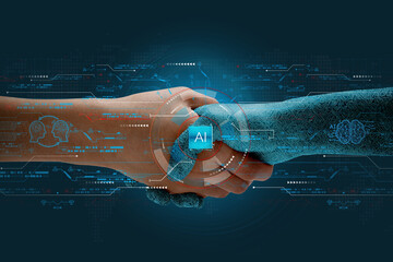 Humans shake hands with AI to show partnership. Machine learning to enable and work together to...