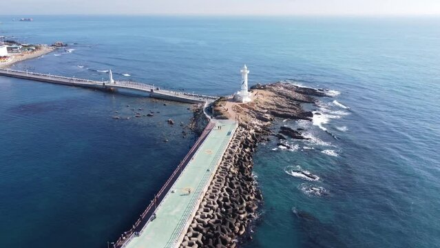 Aerial view of the lighthouse of Seuldo in winter, near Ulsan, South Korea.