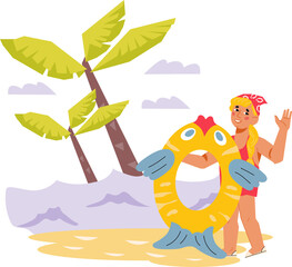 Girl in a swimsuit with a swimming ring on the beach. Summer time and sea vacation for children design for banners and card.