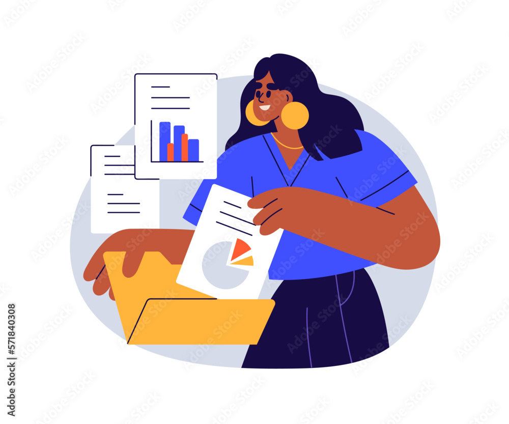 Poster Business documents, information storage concept. Organizing, storing data in archive, folder, adding electronic paper to file, catalog, directory. Flat vector illustration isolated on white background