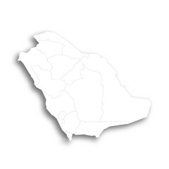 Saudi Arabia political map of administrative divisions - provinces or regions. Flat white blank map with thin black outline and dropped shadow.