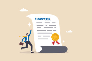 Certificate on taking course, award for excellent work or diploma document, license stamp or education certified guarantee concept, happy businessman with star certificate paper for work achievement.