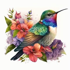 Colorful Hummingbird with Colorful Flowers Watercolor, Isolated on White Backgound - Generative AI