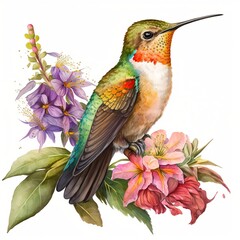 Colorful Hummingbird with Colorful Flowers Watercolor, Isolated on White Backgound - Generative AI