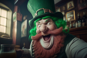 St. Patrick's Day celebration. Cheerful old leprechaun in a green hat having fun in a pub. Ireland beer tradition.