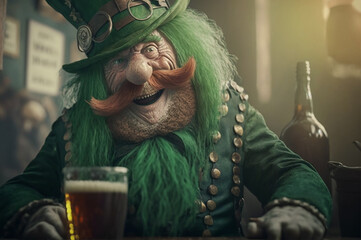 St. Patrick's Day celebration. Cheerful old leprechaun in a green hat having fun in a pub. Ireland beer tradition.