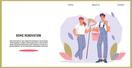 Painting house and decorator works, interior renovation service banner or webpage design, flat vector illustration.