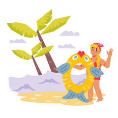 Obraz na płótnie Canvas Girl in a swimsuit with a swimming ring on the beach. Summer time and sea vacation for children design for banners and card, flat vector illustration isolated on white background.