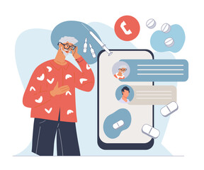 Elderly people online medical support and doctor appointment. Online medical consultations for the elderly, flat vector illustration isolated on white background. Medicine and pharmacy banner.