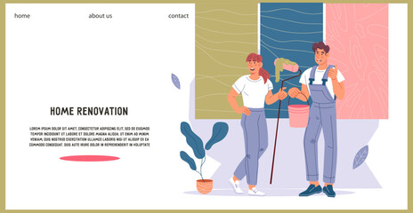 Painting house and interior renovation service banner or web page design, flat vector.
