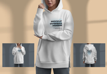 3 Long Hoodie Mockups with Different Shadows