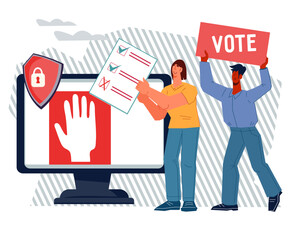 Online survey and vote, public opinion poll banner or poster design with voters citizens cartoon characters, flat vector illustration isolated on white background.