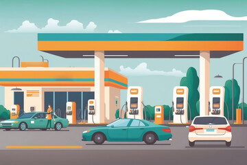 Generative AI illustration of cars on forecourt at a fuel station  - obrazy, fototapety, plakaty