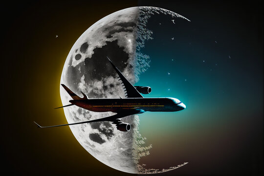 An airliner is cut out of a starry night sky framed by the moon for a striking image. Generative AI