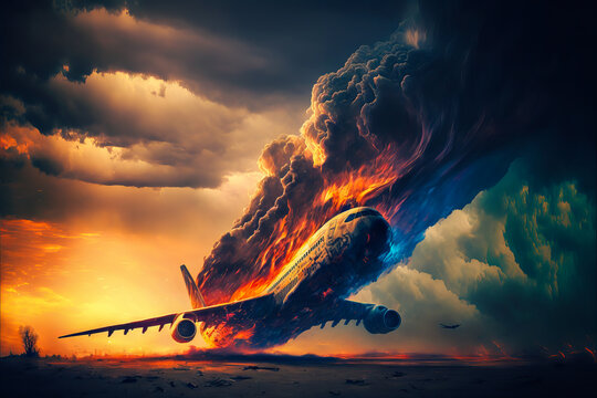 A plane crashes during takeoff, with flames and smoke. A strong image to illustrate the danger of the sky and the risks of air accidents. Generative AI