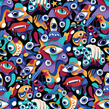 Psyhodelical Pattern with Thousand Eyes Looking Into the Soul, Witchcraft Vibes. Surreal Design on Black. Pop Art Cartoon Style with Stains. Seamless Pattern, Endless Texture. Vector 3d Illustration
