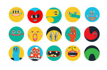 Set of Vector highlight covers. Collection of elements in trendy retro cartoon style. Hand drawn templates. Round icons for social media stories. Perfect for bloggers