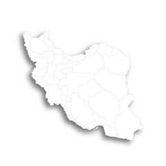 Iran political map of administrative divisions - provinces. Flat white blank map with thin black outline and dropped shadow.