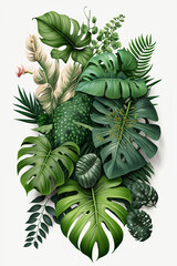 Tropical leaf foliage jungle plant bush natural floral arrangement background with Monstera and tropical plant coconut leaves isolated on white background,