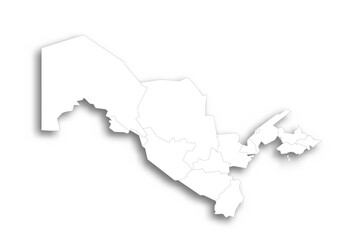 Uzbekistan political map of administrative divisions - regions, autonomous republic of Karakalpakstan and independent city of Tashkent. Flat white blank map with thin black outline and dropped shadow.