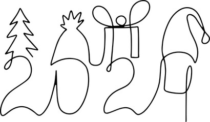 2024 Happy New Year in one continuous line style with number and Christmas tree