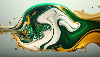 abstract background, green, white and gold acrylic liquid artistic paints.Generative AI