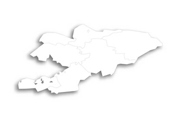 Kyrgyzstan political map of administrative divisions - regions and independent cities of Bishkek and Osh. Flat white blank map with thin black outline and dropped shadow.