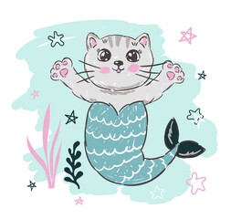 Cute mermaid cat. Cartoon illustration of a little kitten with mermaid tail isolated on a white background.