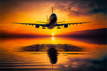 Aerial view of an airliner stretching over the water of the lake or the sea. Reflections and lights of the sunset. Dream and travel invited. Generative AI