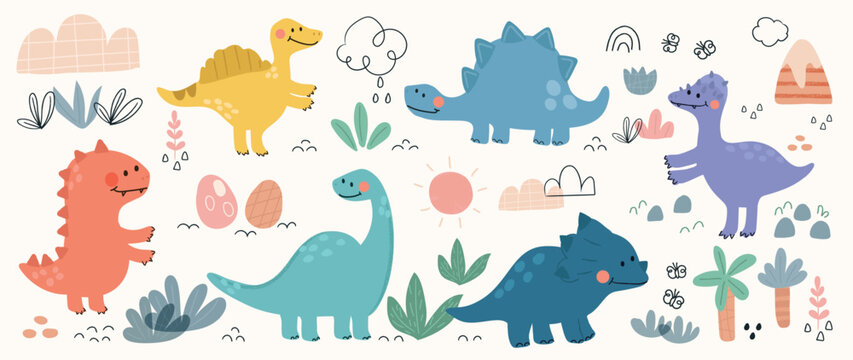 Cute dinosaurs vector set. Hand drawn doodle triceratops, stegosaurus, tyrannosaurus, diplodocus, spinosaurus. Dinosaur comic character design for kid, print, clothes, poster, education, edutainment.