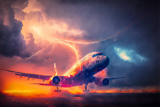 A plane in full flight against a night sky shaken by lightning bolts that illuminate it, making its contours visible in a magical atmosphere. Generative AI