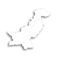 Pakistan political map of administrative divisions - provinces and autonomous territories. Flat white blank map with thin black outline and dropped shadow.