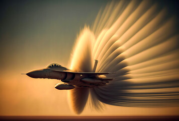 A supersonic fighter jet breaking the sound barrier. An educational and symbolic image ready to be used in artistic, academic and commercial projects. Generative AI - obrazy, fototapety, plakaty